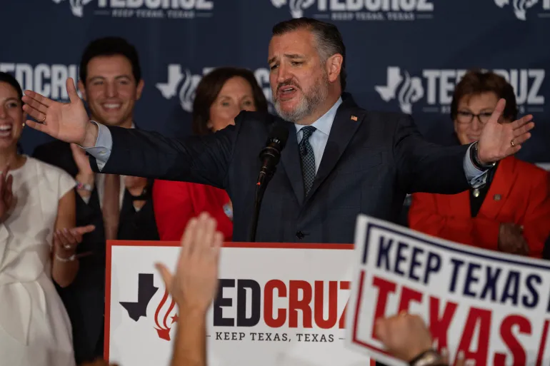 Senator Ted Cruz celebrates at his election watch party at the Marriott Marquis in Houston, Texas, on November 5