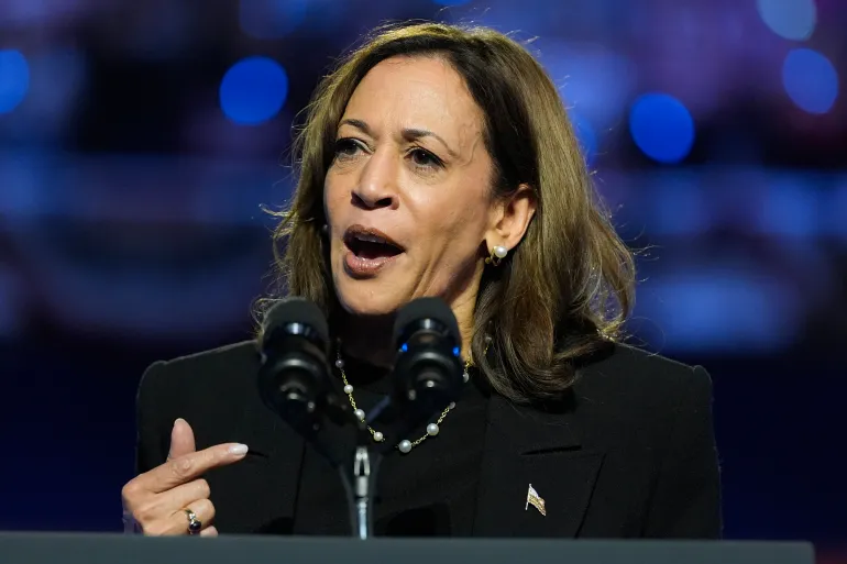 Democratic presidential nominee Vice President Kamala Harris speaks during a campaign rally at the Alliant Energy Center in Madison, Wisconsin,